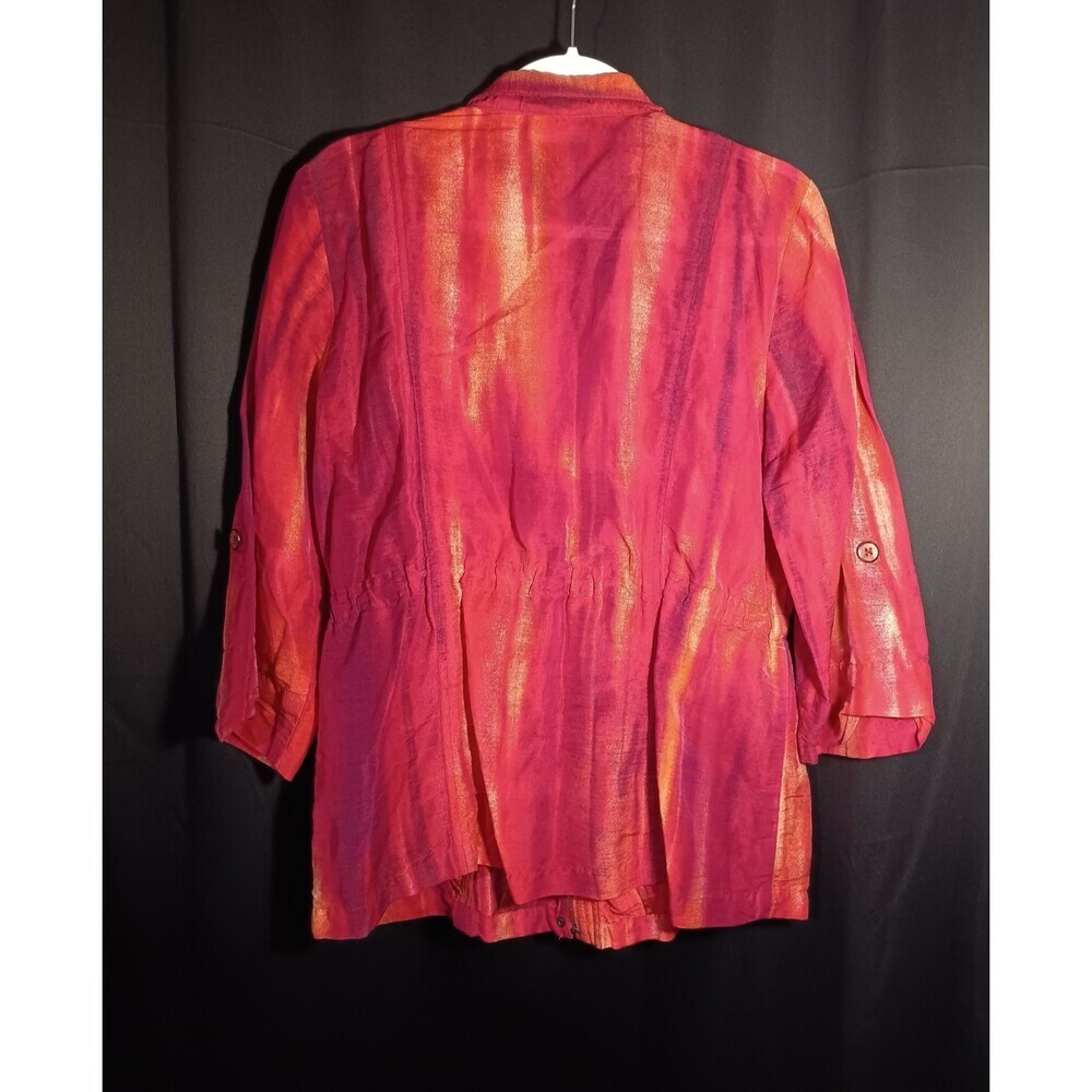 Chico’s Size 2 Linen Blend Jacket Semi Sheer Red Pink Stripe Drawstring Boho - Picture 3 of 6